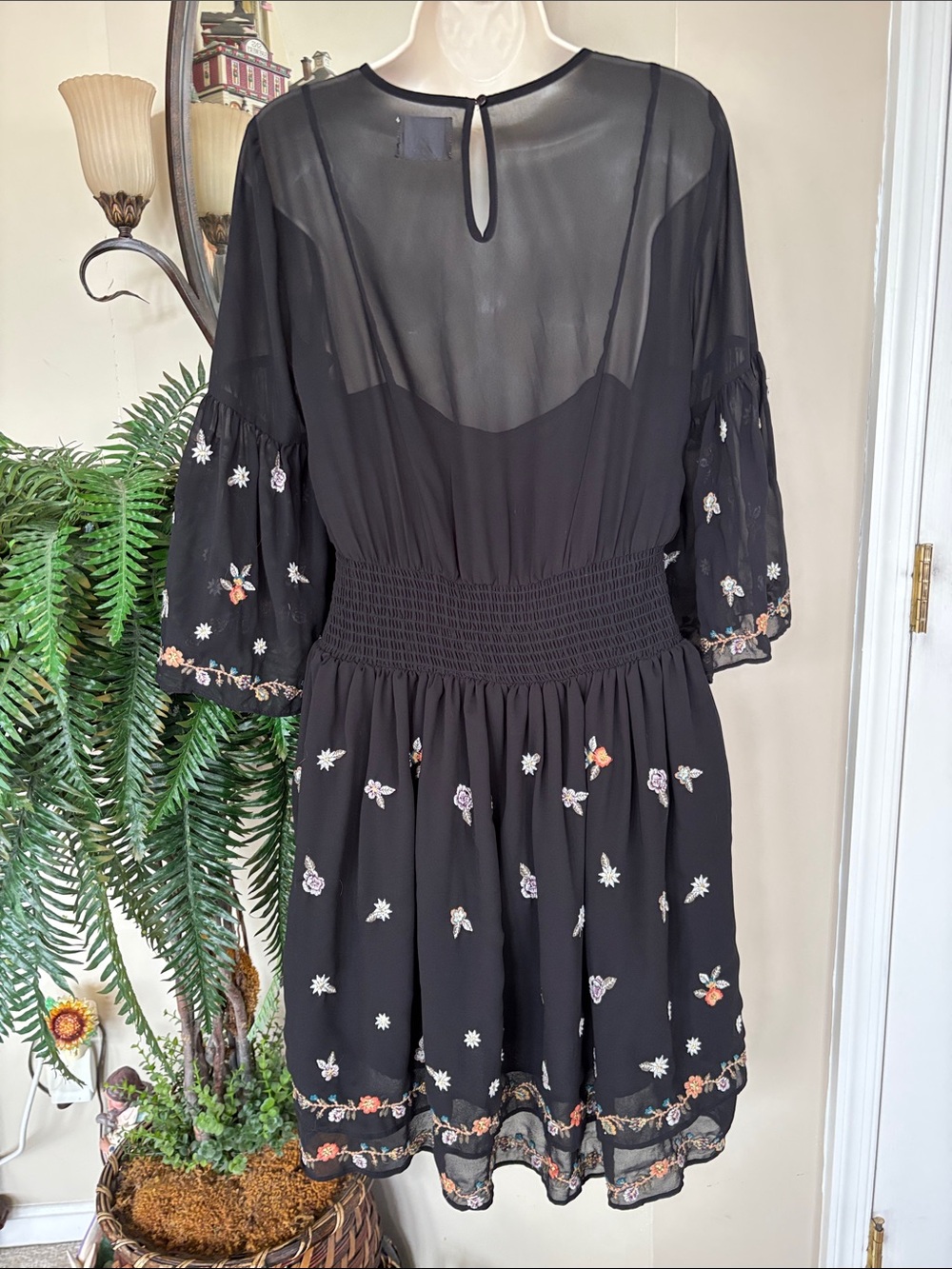 Maeve Anthropologie Black Floral Embroidered Layered Sheer Ruffle Mini Dress - Picture 8 of 15